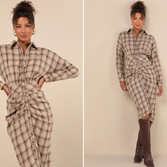 Lulus Dresses & Skirts - Lulus Seasonal Spirit Plaid Ruched Midi Dress Size XL Taupe Brown